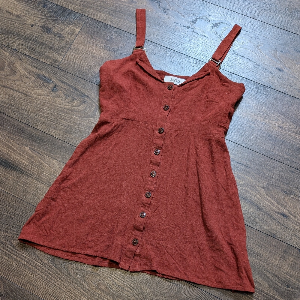 MOD Rust Button-Front Linen Cotton Mini Dress Size Medium - Picture 3 of 9